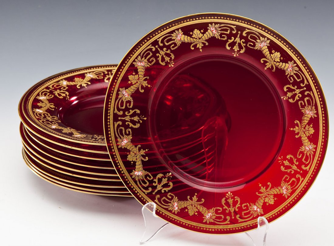 10 Hand Blown Bohemian Ruby Glass Plates (1 of 2)