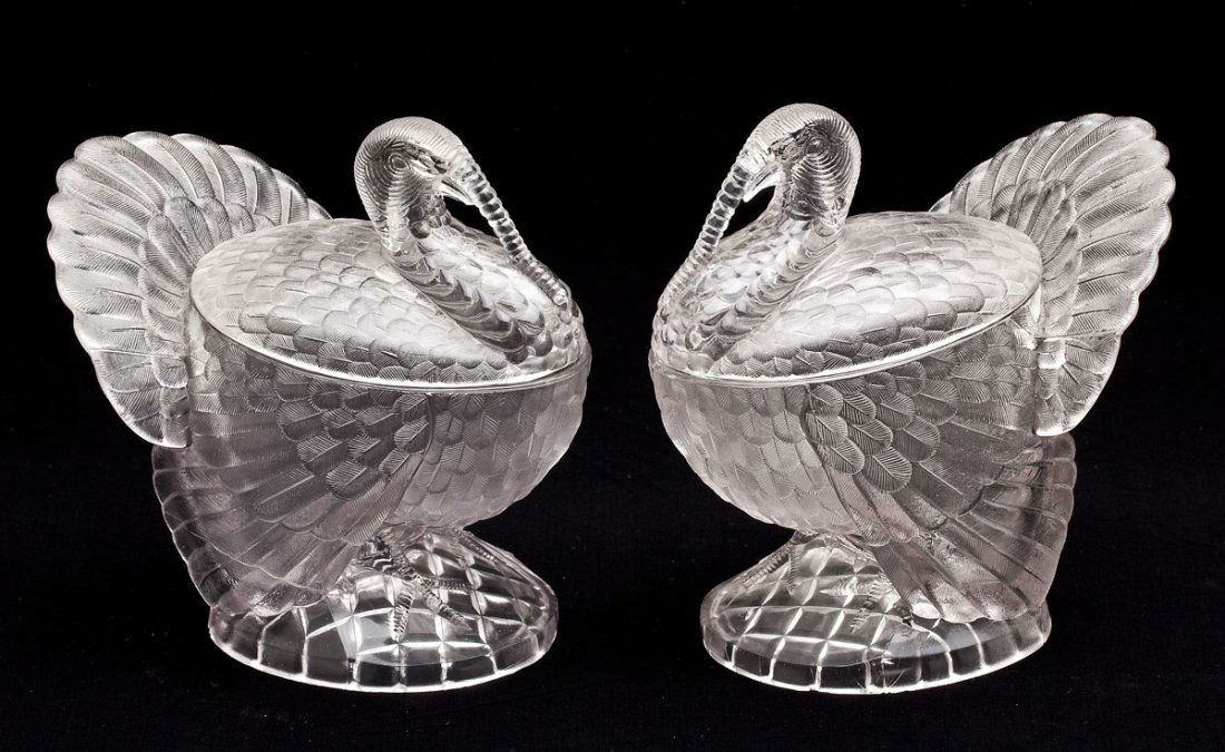 Pair Molded Glass Turkey Covered Dishes (1 of 3)