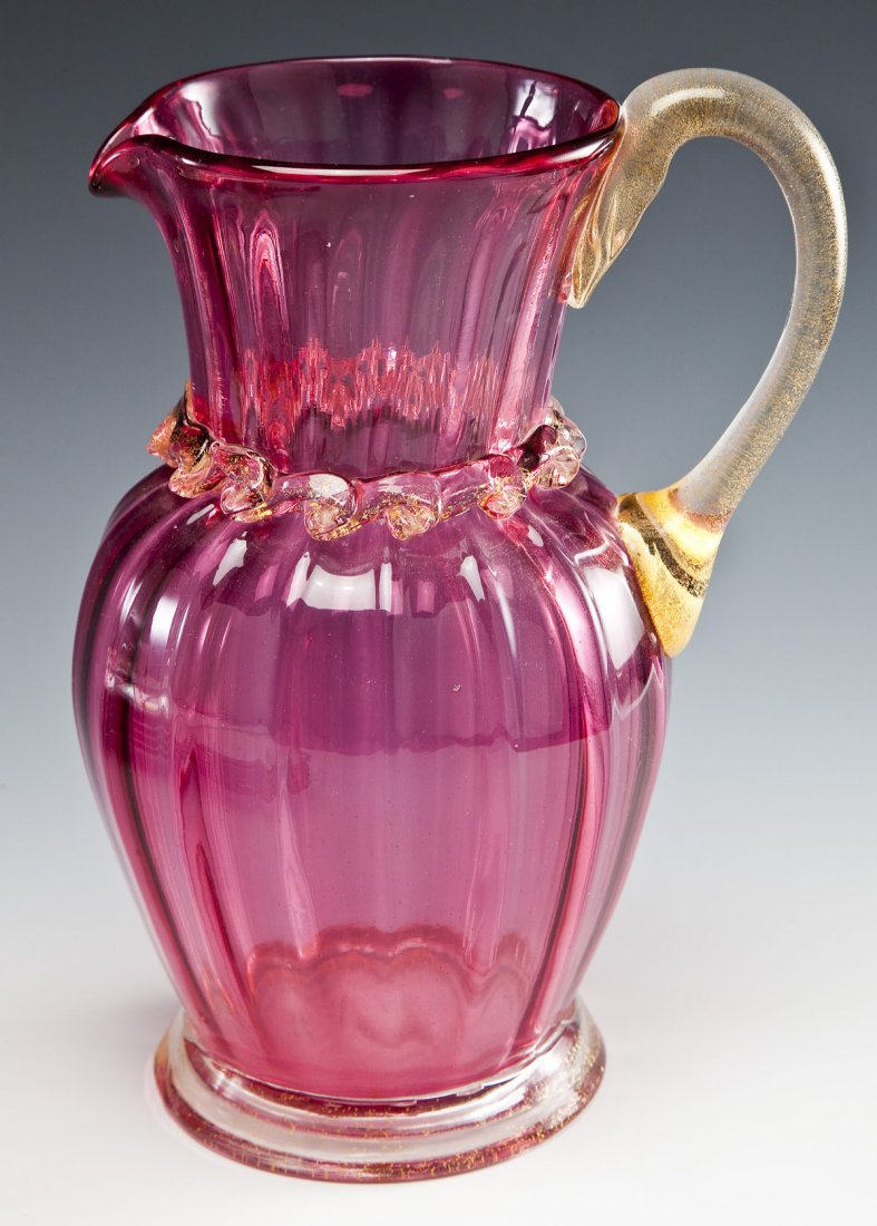 Cranberry Hand Blown Glass Pitcher (1 of 2)