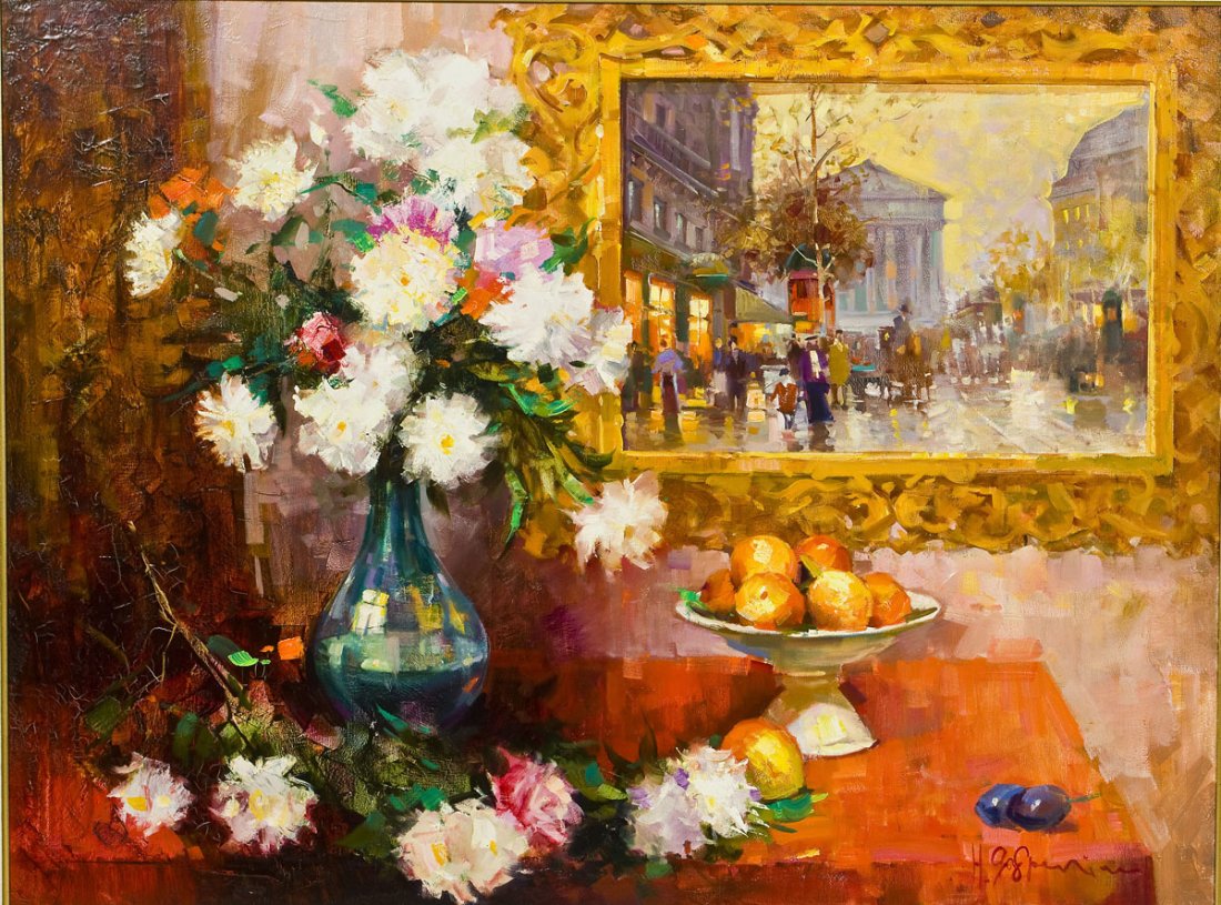 Hagob Gasparian (Armenian, 20th Century): DESCRIPTION: Hagob Gasparian (Armenian, 20th Century). Oil on canvas. Parisian Still Life. Signed lower right. With label and tag verso from the Curzon Gallery. Gilded frame with linen liner. PROVENAN