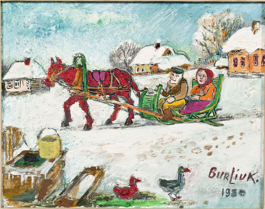 David Burliuk (Russian-American, 1882-1967): DESCRIPTION: David Davidovich Burliuk (Russian-American, 1882-1967). Oil on board. Couple in Sled. Signed and dated "1950" to lower right. Gilded frame with linen liner. PROVENANCE: Purchased by the c