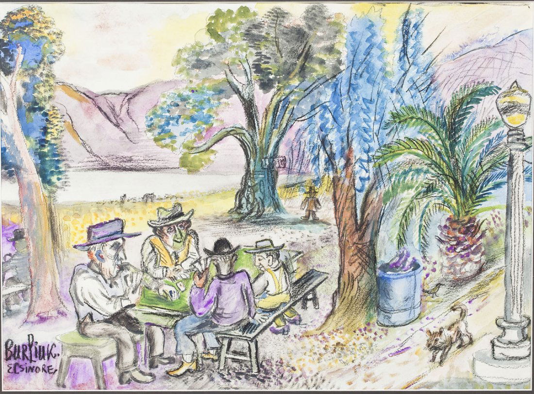 David Burliuk (Russian-American, 1882-1967): DESCRIPTION: David Davidovich Burliuk (Russian-American, 1882-1967). Watercolor and pastel on paper. Elsinore. Signed "Burliuk Elsinore" lower left. Original Harbor Gallery label verso noting "Card Pl