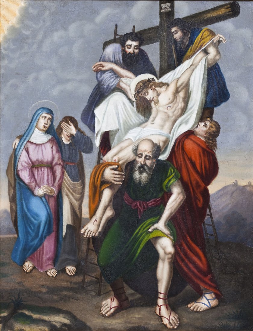 17th Century Northern European Deposition: DESCRIPTION: Oil on canvas. 17th century Northern European deposition. Depiction of Christ's descent from the cross. Christ's rib injury depicted on his left side rather than the traditional right sid