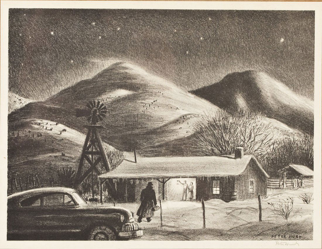 Peter Hurd (American, 1904-1984): DESCRIPTION: Peter Hurd (American, 1904-1984). Lithograph on paper. Entitled "The Late Call". Signed in the plate lower right. In tan wooden frame with paper background. Unmatted. Depicts country doct