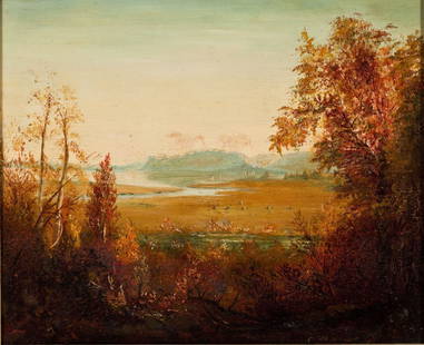 Attr. Xanthus Russell Smith (American, 1839-1929): DESCRIPTION: Attributed to Xanthus Russell Smith (American, 1839-1929). Oil on canvas. Entitled "Lake Winnepesaukee". Gold plaque with name and title. Unsigned. Depicts autumn landscape. Known as a pa