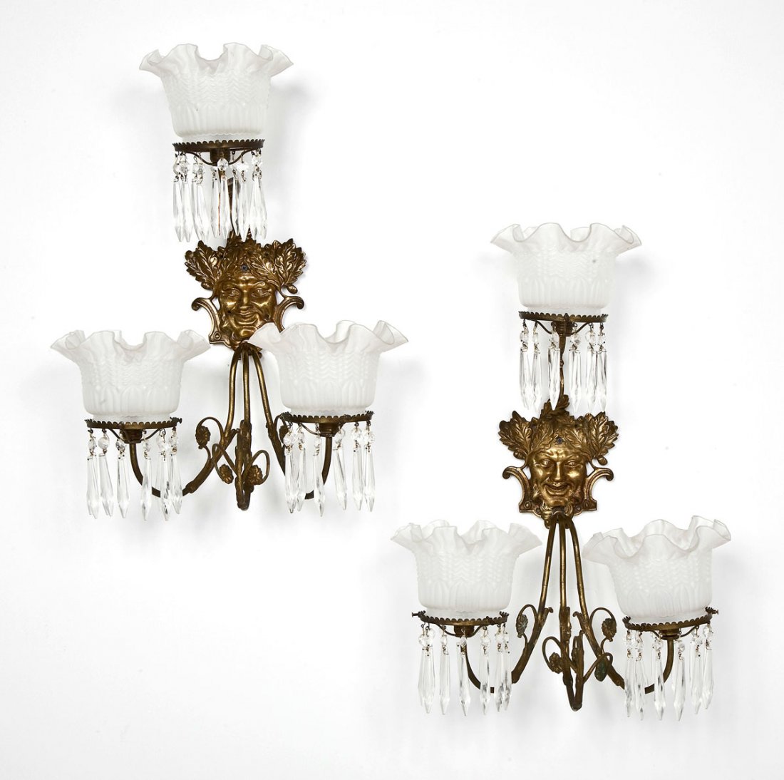 Pair of Brass Triple Sconces with Glass Shades (1 of 10)