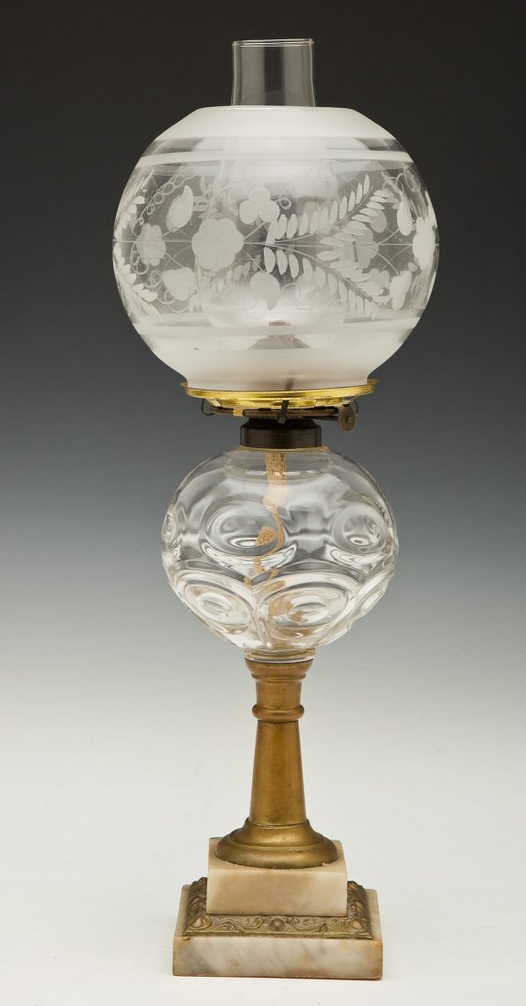 Brass & Marble Banquet Lamp w/Etched Glass Shade (1 of 4)
