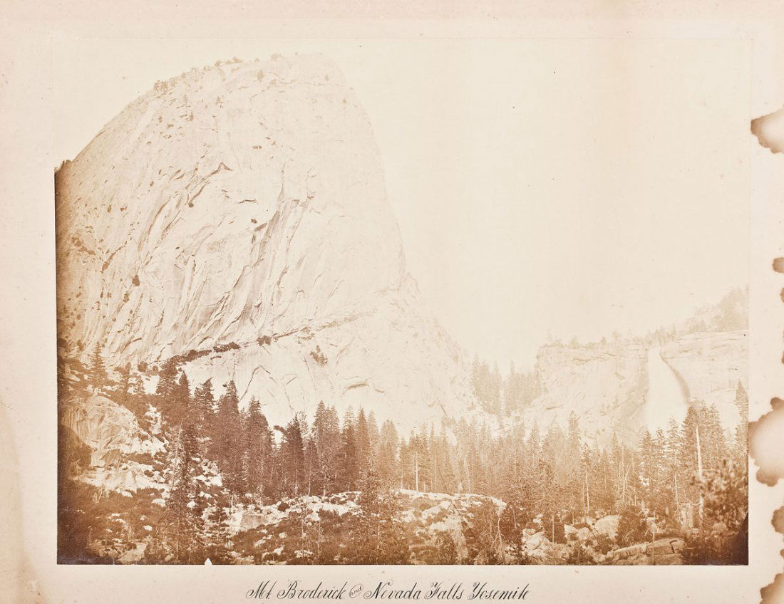 Carleton E. Watkins (American, 1829-1916): DESCRIPTION: Carleton E. Watkins (American, 1829-1916). Mammoth albumen print. Mt. Broderick and Nevada Falls Yosemite. Circa 1867. Mounted on boad with calligraphic title. MEASUREMENTS: Print 15-3/4"
