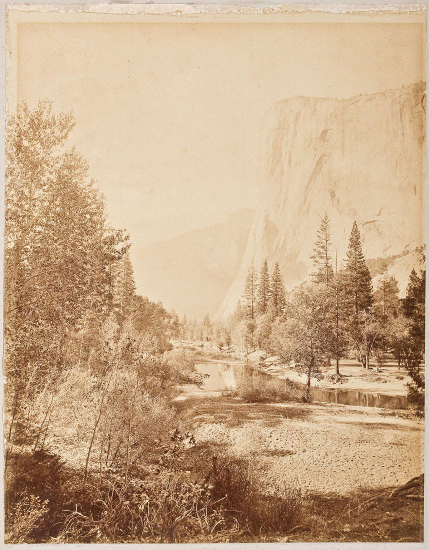 Attrib to Carleton E Watkins (American, 1829-1916): DESCRIPTION: Attributed to Carleton E. Watkins (American, 1829-1916). Albumen print. El Capitan, Yosemite. Circa 1861-1874. Mounted on board. MEASUREMENTS: Print 13-1/4" x 10-5/16". Mount 16-3/4" x 13