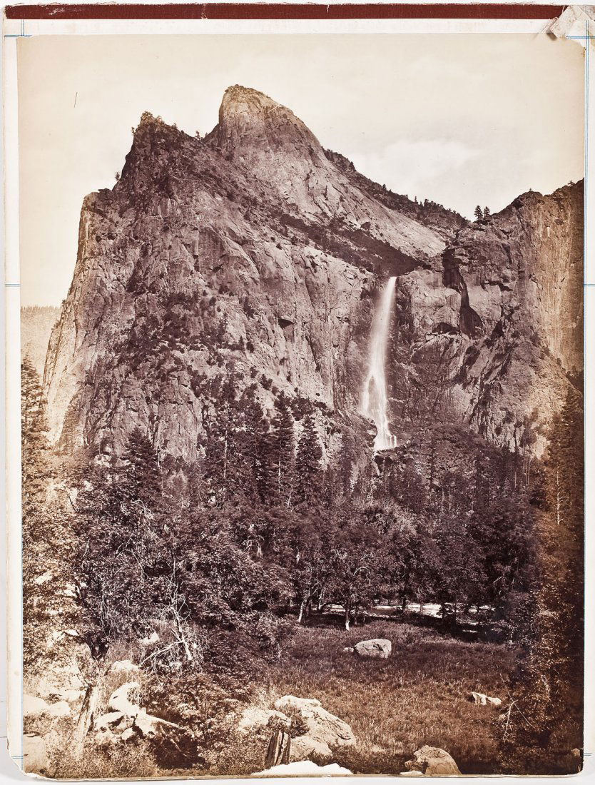 Attrib to Carleton E Watkins (American, 1829-1916): DESCRIPTION: Attributed to Carleton E. Watkins (American, 1829-1916). Albumen print. Bridal Veil Falls, Yosemite. Circa 1861-1874. Mounted on board. Board is mounted verso with two additional albumens