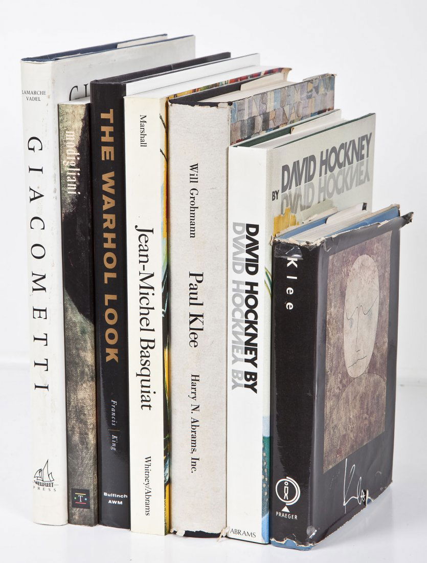 7 Volumes on Artists incl Klee & Basquiat: DESCRIPTION: Lot of seven books on art of various sizes and in various bindings. Four hardcover in dust jackets. All volumes illustrated. Books Include: 1) Klee by G. di San Lazzaro 2) David Hockney b