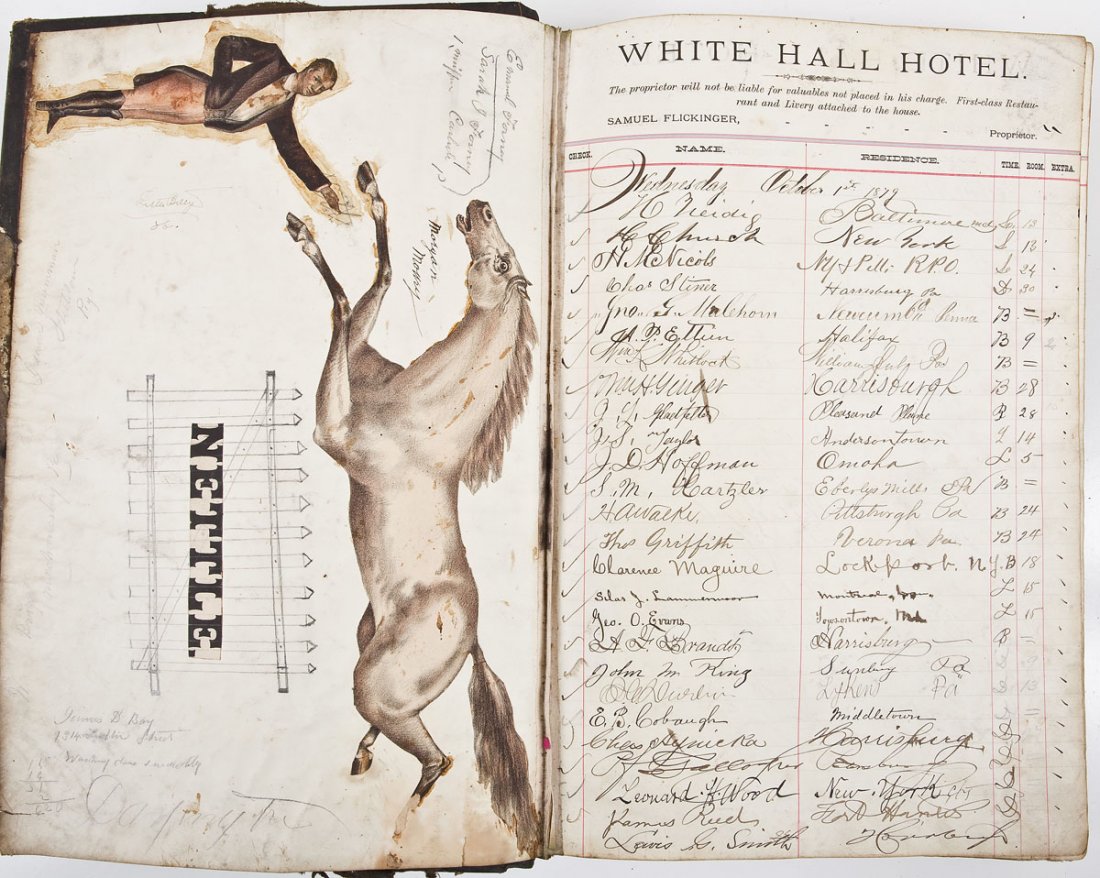C 1879 White Hall Hotel Register Harrisburg, PA: DESCRIPTION: Hotel register from the White Hall Hotel in Harrisburg, Pennsylvania, Samuel Flickinger, Proprietor as noted on tops of each page (later crossed out when Francis Lerew replaced Flickinger