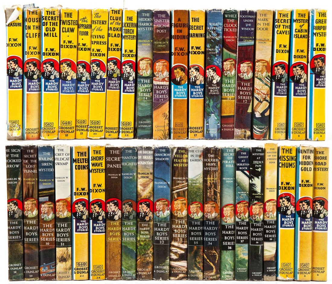 Hardy Boys by Franklin W. Dixon Volumes 1-39: DESCRIPTION: Collection of vintage hardcover Hardy Boys books by Franklin W. Dixon. Contains volumes 1 through 39 with dust jackets. MEASUREMENTS: 7-1/2" x 5-1/4" x 1-1/4". CONDITION: All volumes with