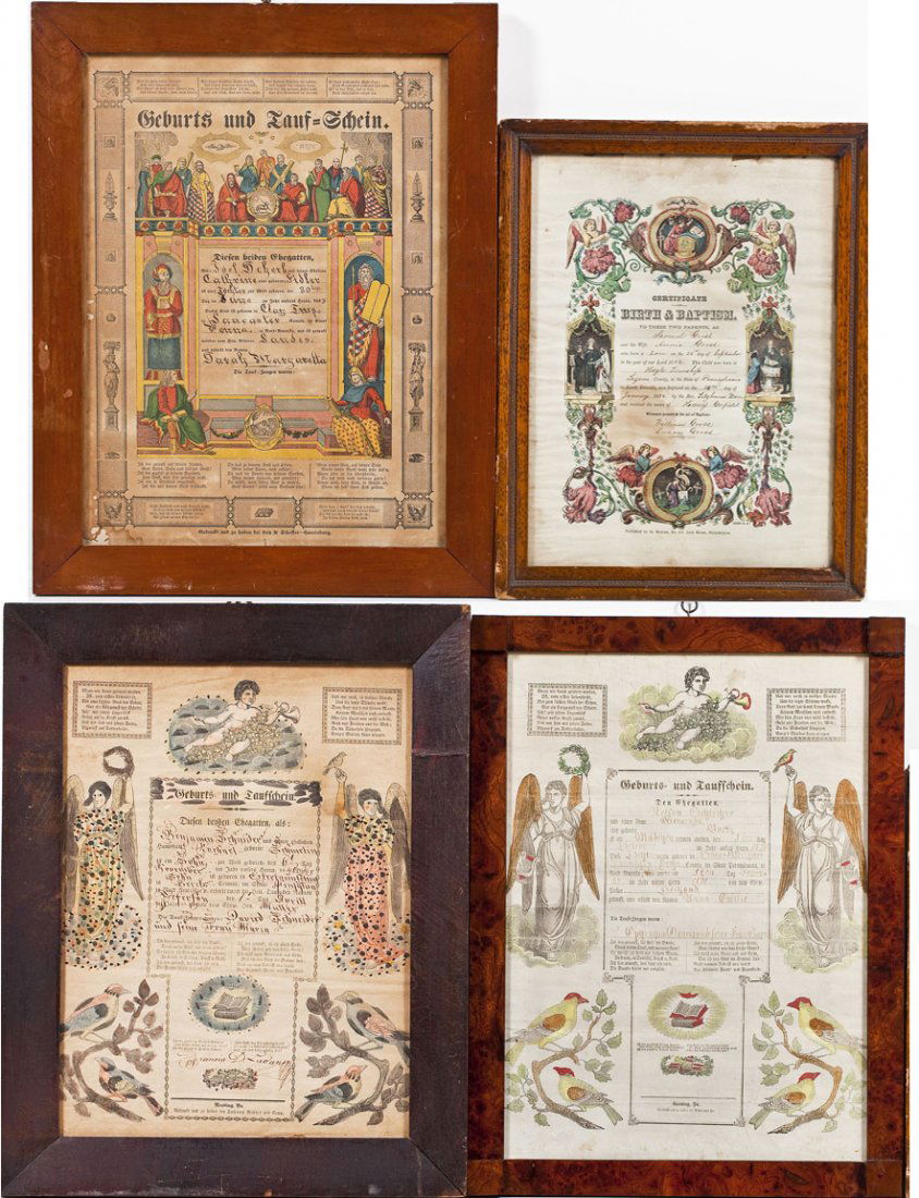 4 C 19th Handcolored Printed Baptismal Frakturs (1 of 8)