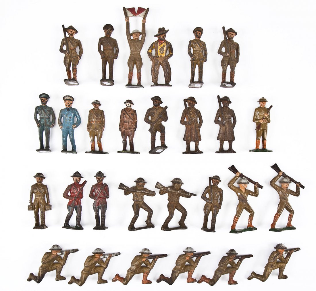 28 Grey Iron Lead Soldiers: DESCRIPTION: Twenty-eight Grey Iron lead soldiers including 2 G10, 1 G16, 3 G13, 1 G18, 1 G54, 1 G14, 2 G27, 1 G29, 2 G30, 1 G21, 2 G42, 2 G23, 1 G26, 2 G19, and 6 G22. MEASUREMENTS: Approximately 3".