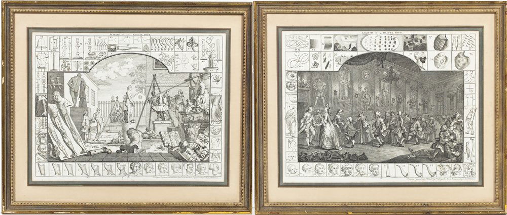 After William Hogarth (English, 1697-1764): DESCRIPTION: After William Hogarth (English, 1697 - 1764) framed and matted engravings entitled "The Analysis of Beauty, Plate 1" and "The Analysis of Beauty, Plate II". Marked along the base "Designe