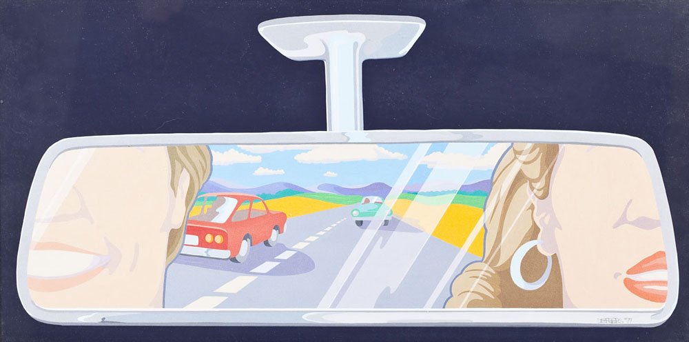 American School (20th Century) Pop Art Painting: DESCRIPTION: American School (20th Century) framed oil on board image featuring a rearview mirror. Signed upon the lower right in pencil "Defrees '77" or "Deprees '77". MEASUREMENTS: 19" x 9-1/2". Ove
