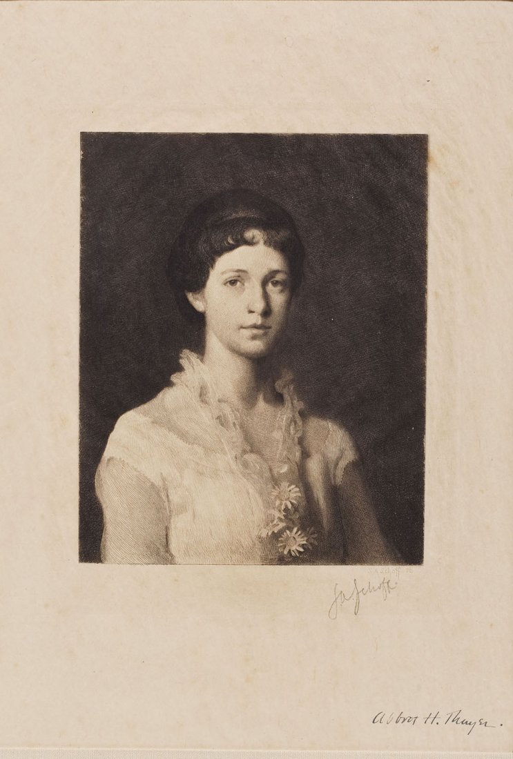 After Abbott H. Thayer (New England, 1849-1921): DESCRIPTION: After Abbott Handerson Thayer (New England, 1849-1921) framed and matted etching on paper of a portrait of a young woman published in "American Art" by Koehler in 1886. Signed by the etch