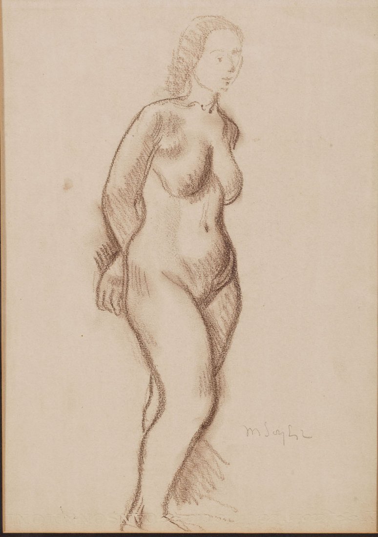 Moses Soyer (Russian/American, 1899-1974): DESCRIPTION: Moses Soyer (Russian/American, 1899-1974) framed and matted charcoal on paper of a standing female nude. Signed upon the lower right in pencil "M Soyer". Born in Czarist Russia, he emigra