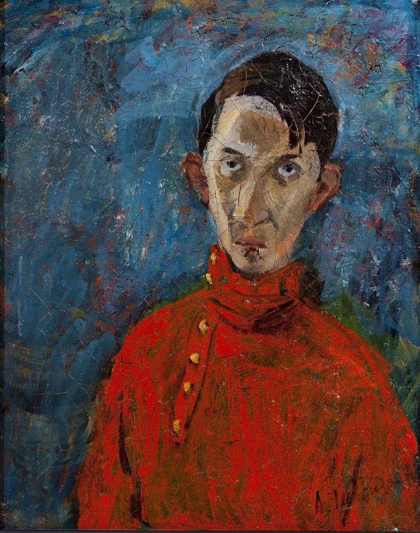 Alex Tschernjawski (New York/Yugoslavia, B. 1933): DESCRIPTION: Alex Tschernjawski (New York\/Former Yugoslavia, B. 1933) framed oil on canvas painting entitled "Self Portrait in Russian Blouse". Signed upon the lower right "A. Tschernjawski". With AC