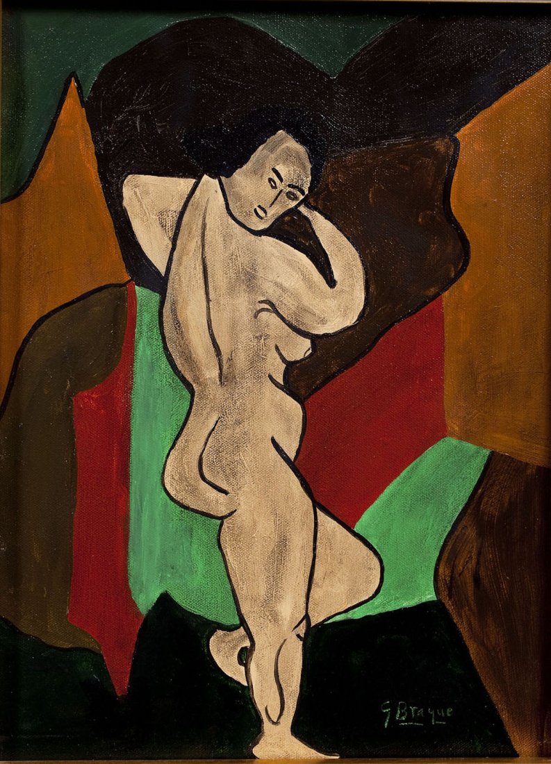 After Georges Braque (French, 1882-1963): DESCRIPTION: After Georges Braque (French, 1882-1963) framed abstract acrylic on canvas of standing nude female. Signed upon the lower right in green "G. Braque". MEASUREMENTS: 15-1/2" x 11-1/2". Over