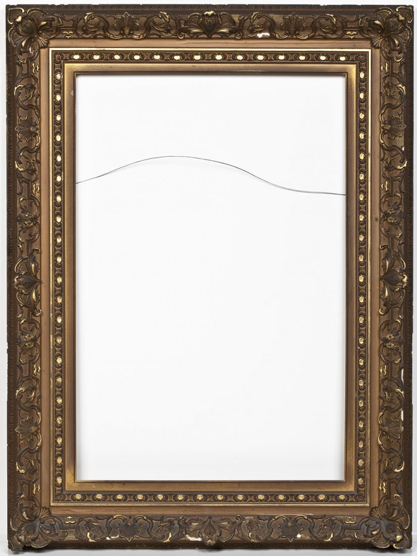 19th Century Gilt Wooden Frame: DESCRIPTION: 19th century gilt wooden frame. Baroque-style motifs throughout (shells, acanthus, vines, rosettes). MEASUREMENTS: Exterior 39-1/2" x 29-1/2". Interior: 30-1/8" x 20-1/4". Sight: 29-1/2" 