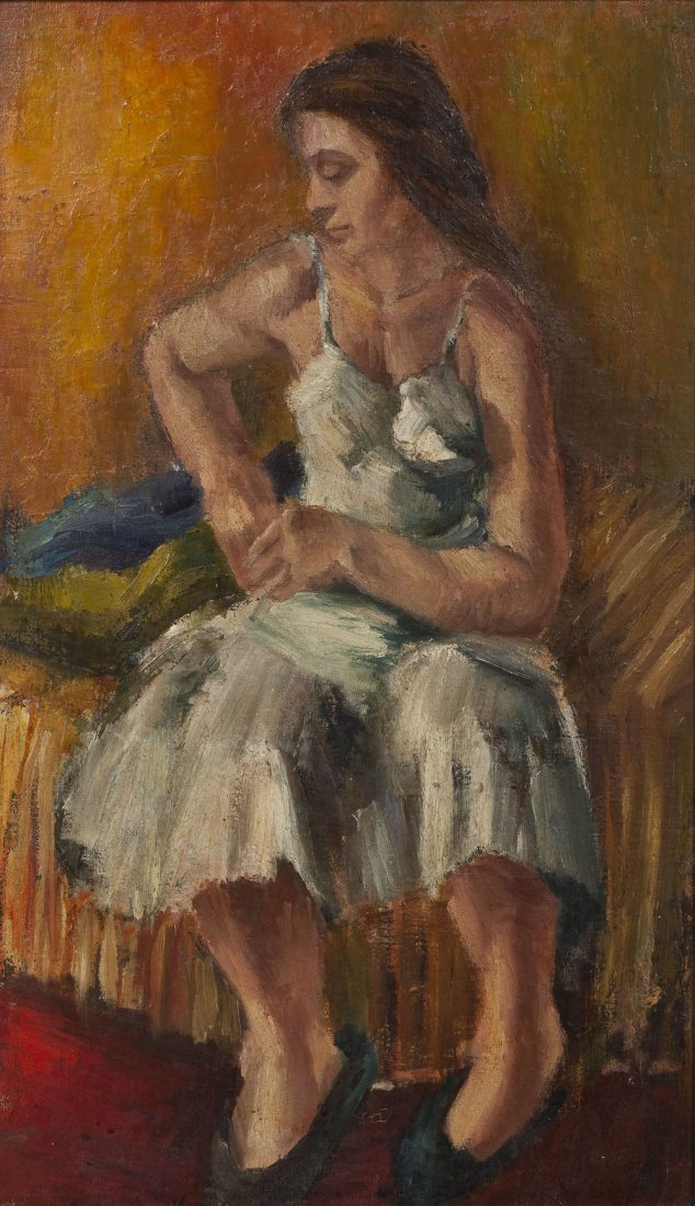 American School (20th Century) Portrait of Woman: DESCRIPTION: American School (20th Century) framed oil on board portrait of a seated woman. Possible illegible signature upon bottom right in red. With Jerome Grabar Gallery label verso. MEASUREMENTS: