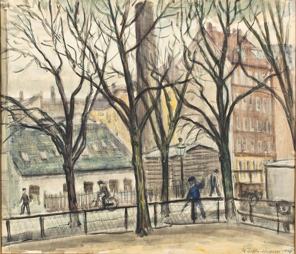 E. Fuller-Hansen (Danish, 20th Century): DESCRIPTION: E. Fuller-Hansen (Danish, 20th Century). Watercolor on paper. Depicts street scene with figures. Signed in lower right corner "E. Fuller-Hansen 1948". In painted wooden frame with paper m