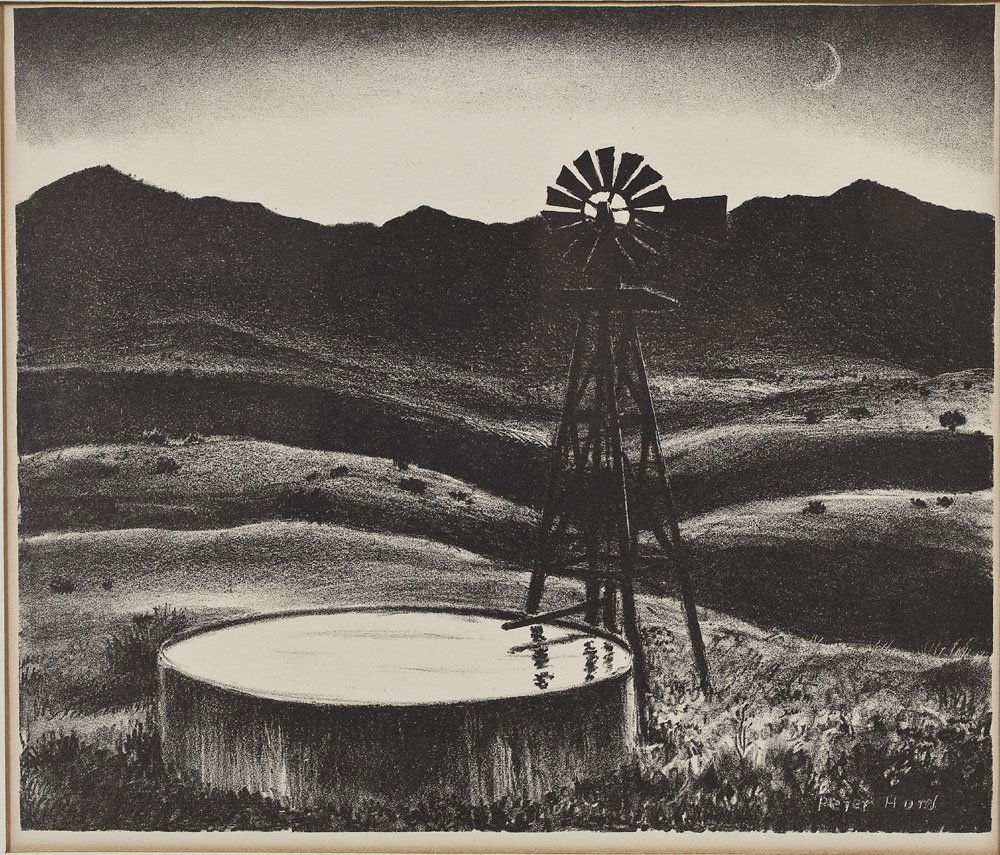 Peter Hurd (New Mexico, 1904-1984): DESCRIPTION: Peter Hurd (New Mexico, 1904-1984) framed and matted lithograph entitled "The Water Tank". 1936. Signed in stone upon the lower right "Peter Hurd". MEASUREMENTS: 10-1/8" x 8-5/8". Overall