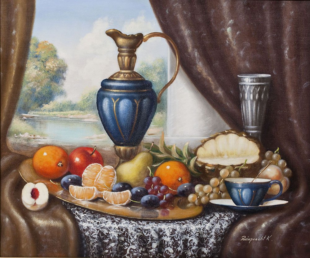 Johan K. Reinprecht (Hungary, 20th Century): DESCRIPTION: Johan K. Reinprecht (Hungary, B. 1903) framed oil on canvas still life of fruit with ewer. Signed upon the lower right in tan "Reinprecht K.". MEASUREMENTS: 23-2/4" x 19-3/4". Overall wit
