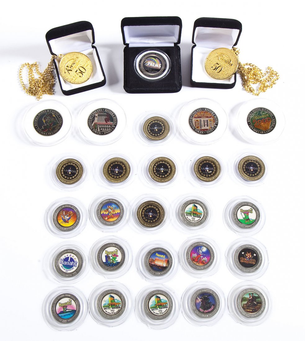 28 Gaming Tokens ($1-$25) Riviera, Luxor, Harrah's: DESCRIPTION: Lot of twenty-eight gaming tokens ranging from one to twenty-five dollars in worth from Riviera, Luxor, Harrah's and Palms Casinos and Hotels. Includes: fourteen $1 gaming tokens from Har