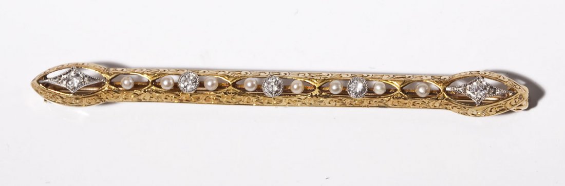 14K Diamond & Pearl Bar Pin (1 of 5)