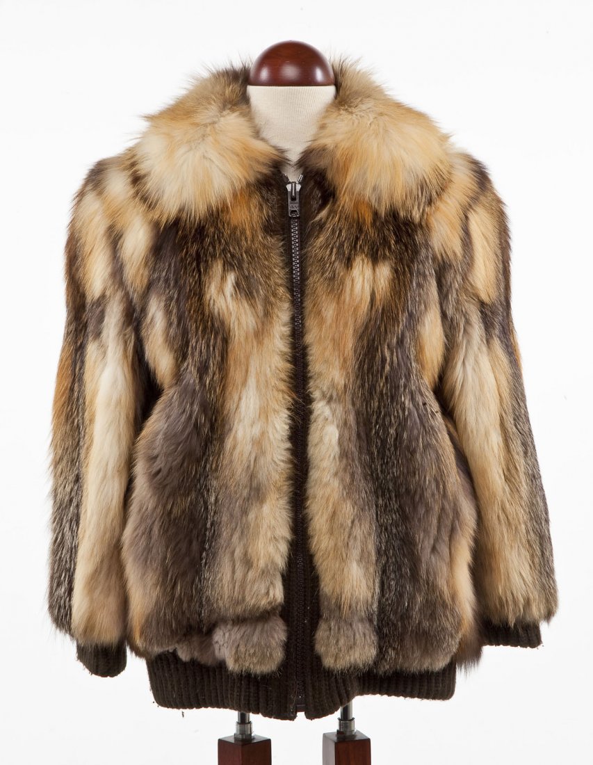 Knit & Fur Coat: DESCRIPTION: Green knit and multi-tonal raccoon fur coat with brown zipper up front. MEASUREMENTS: Collar to hem 27". Sleeve length 25-1/2". Underarm to underarm 19-1/2". Shoulder to shoulder 19". CON