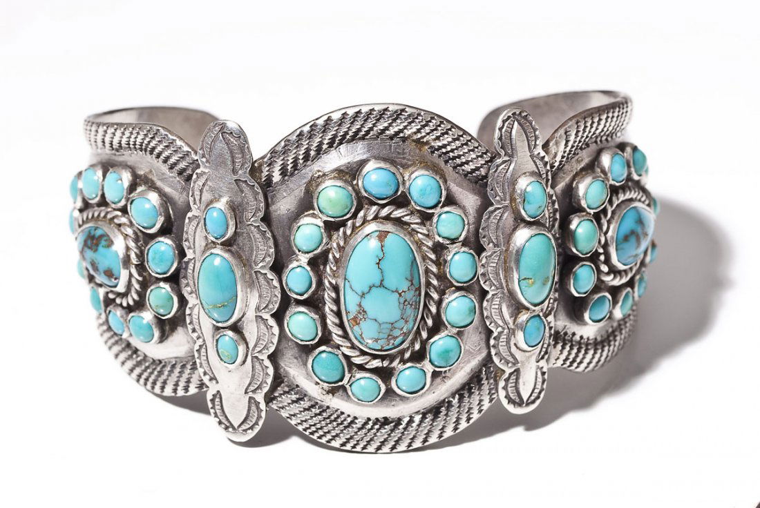Signed Navajo Silver & Turquoise Cuff Bracelet (1 of 5)