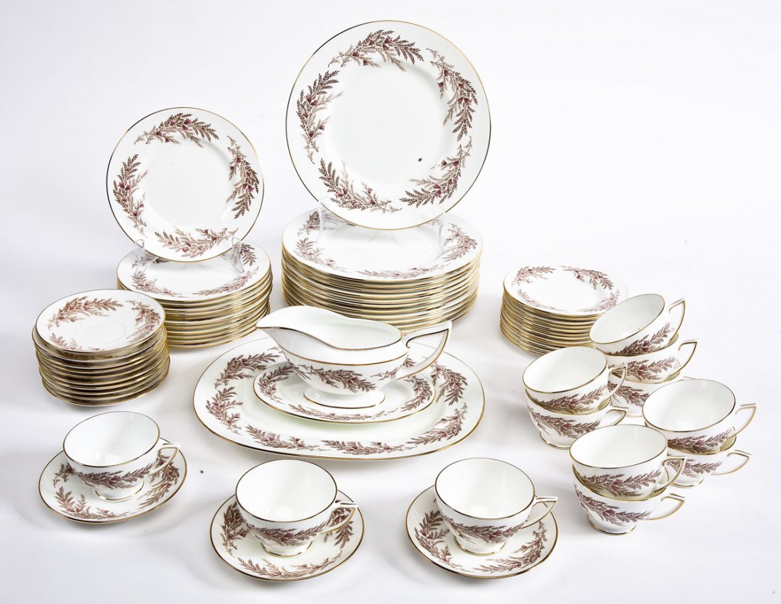 62 Pc Minton Bedford Pattern Dinner Set: DESCRIPTION: Sixty pieces of Minton Bone China in the Bedford pattern. Includes: twelve 10-5/8" dinner plates, twelve 7-3/4" salad plates, twelve 6-1/4" bread and butter plates, twelve 5-5/8" saucers,
