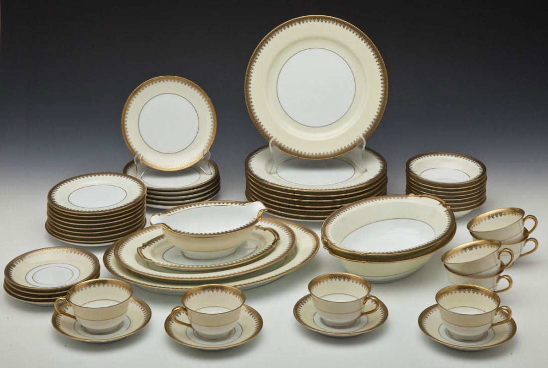 52 Pcs Pickard Gold Encrusted Laurel Pattern China: DESCRIPTION: Fifty-two pieces of Pickard Gold Encrusted Laurel (Pic25) pattern china. Each stamped with Pickard logo "Decorated in U.S.A" and "JAPAN" on underside. 1930's era. Includes: Eight 5-1/2" f