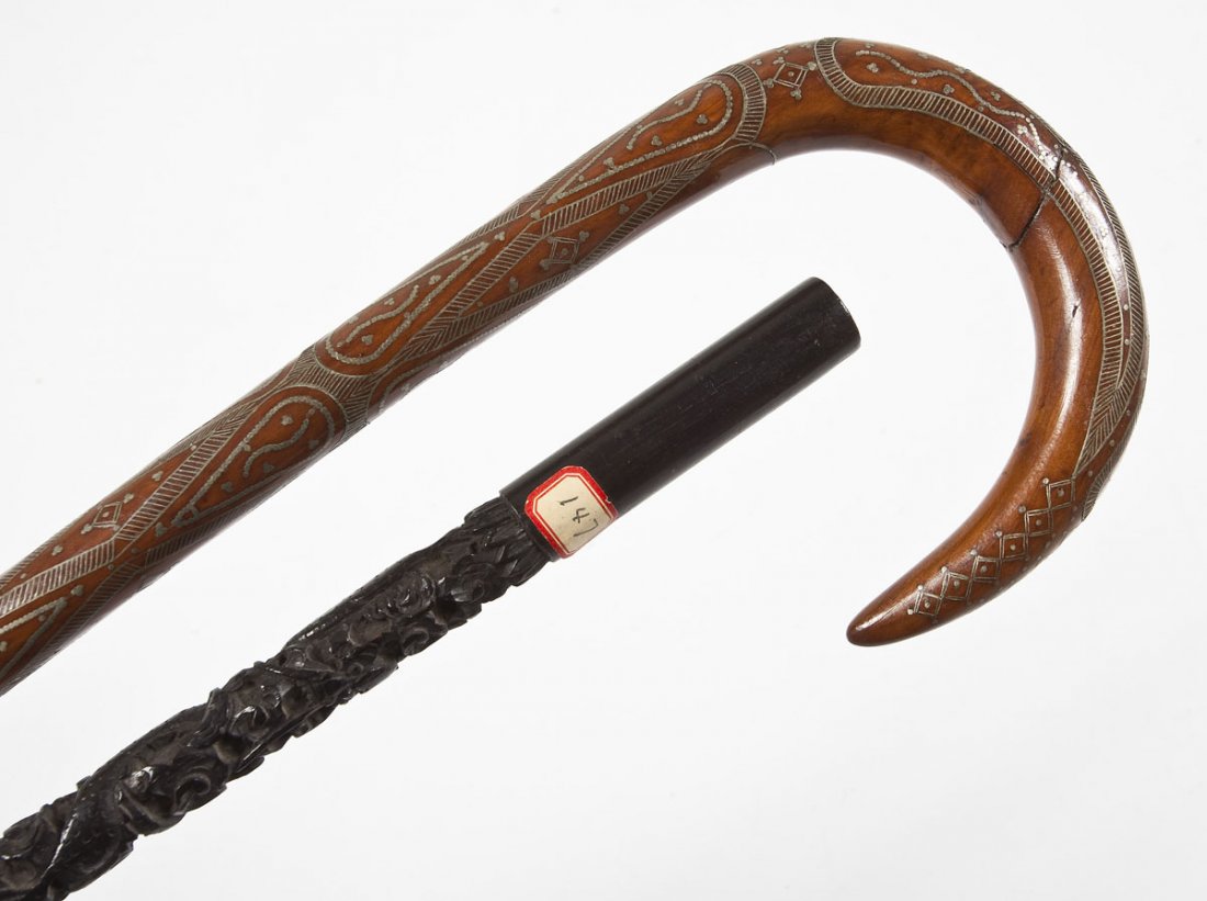 2 Wooden Canes Carved Ebony & Inlay (1 of 6)