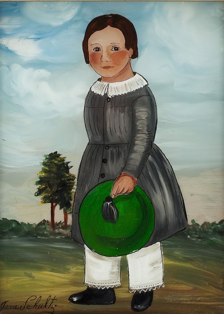Jane Schultz (American, 20th Century): DESCRIPTION: Jane Schultz (American, 20th Century), later Jane Schultz Watson. Reverse painting on glass. Portrait of a young boy. Signed upon the lower left in black "Jane Schultz". Wooden frame. MEA
