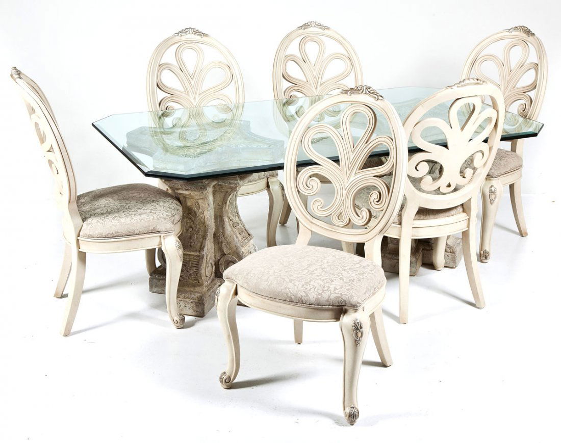 7 Pc Henredon Dining Room Table and Chairs: DESCRIPTION: A 20th century double pillar glass topped dining table and six accompanying upholstered white painted chairs. All in the classical taste by Henredon Furniture. Mixed woods, plaster, metal