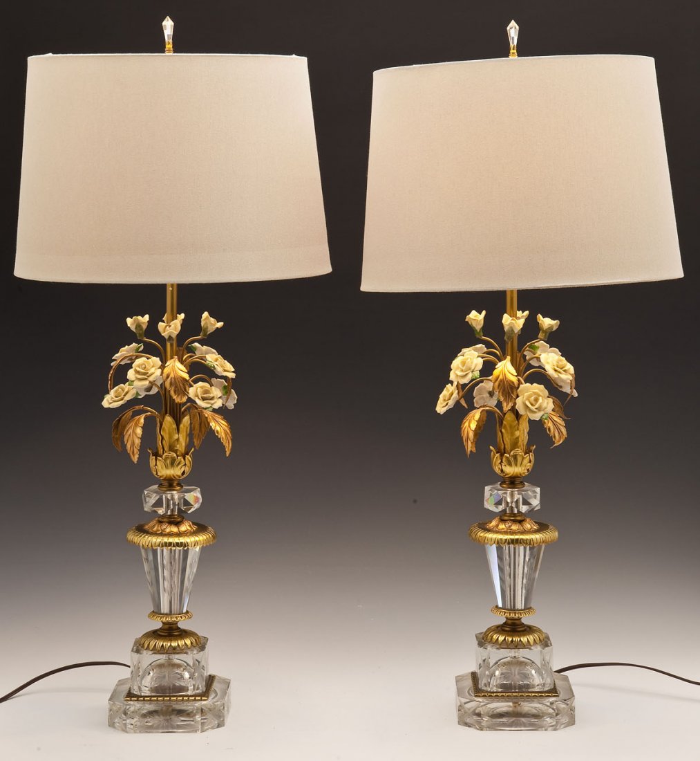 Pair Brass Floral & Etched Glass Table Lamps (1 of 8)