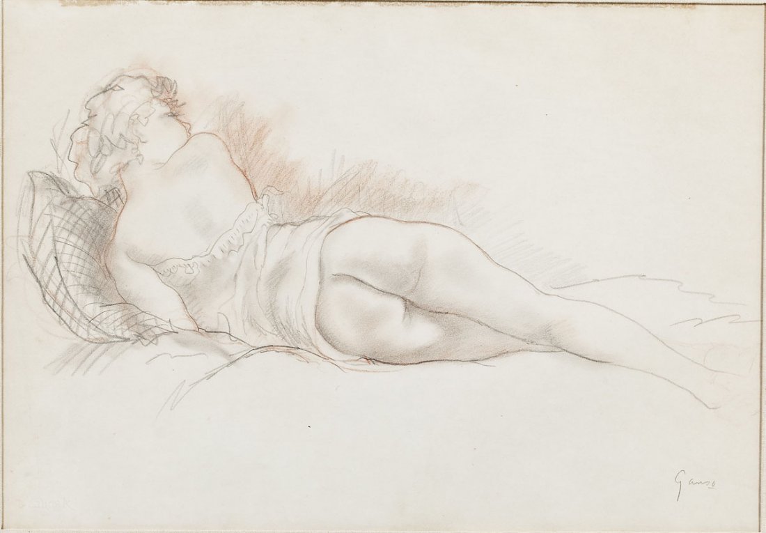 Emil Ganso (German-American, 1895-1941): DESCRIPTION: Emil Ganso (German-American, 1895-1941). Charcoal and chalk on paper. Depicts a reclining nude. Signed in lower right corner. Matted in gilt frame. Ganso was born in Germany in 1895. At a