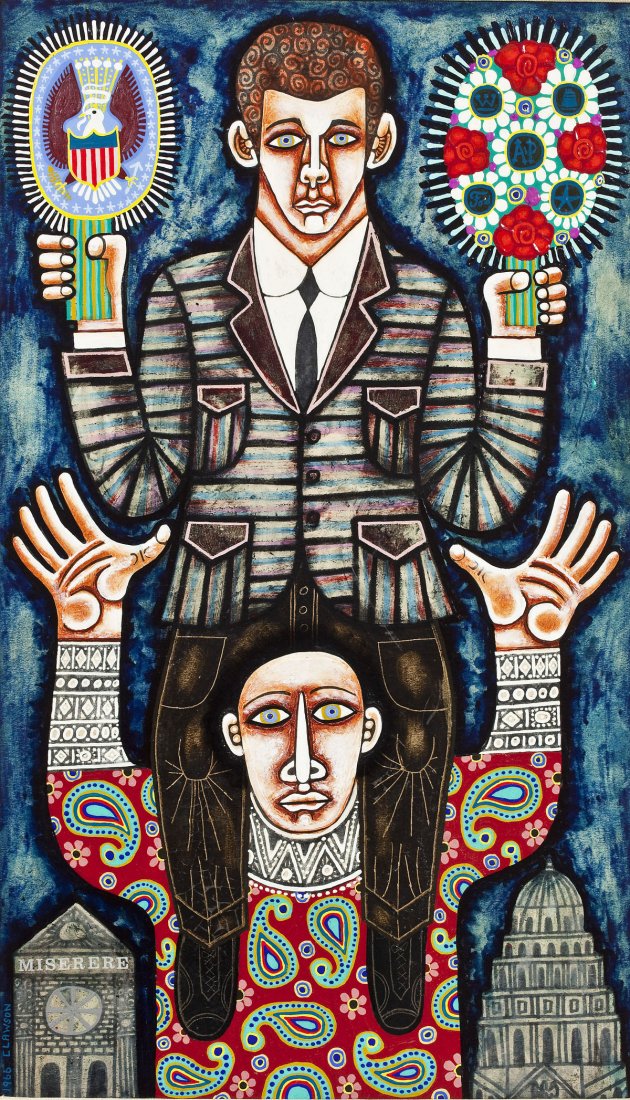 Rex Martin Clawson (American, 1929-2007): DESCRIPTION: Rex Martin Clawson (American, 1929-2007). Encaustic on board. Woman Upholding her Ideals. Signed and dated to lower left "Clawson 1966". Titled verso. In gilt frame with linen matboard. C