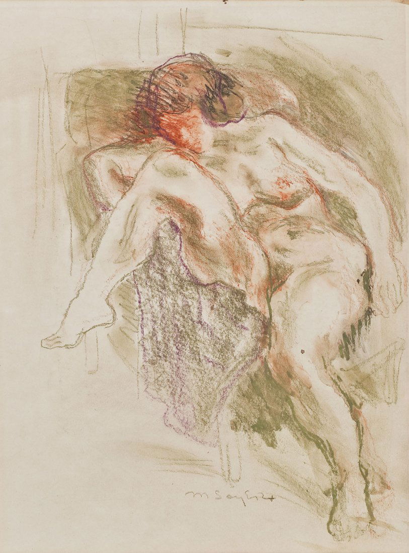 Moses Soyer (Russian-American, 1899-1974): DESCRIPTION: Moses Soyer (Russian-American, 1899-1974). Charcoal, crayon and pastel on paper. Depicts female nude lounging across an armchair. Signed "M Soyer" on lower edge. ACA Gallery label verso.