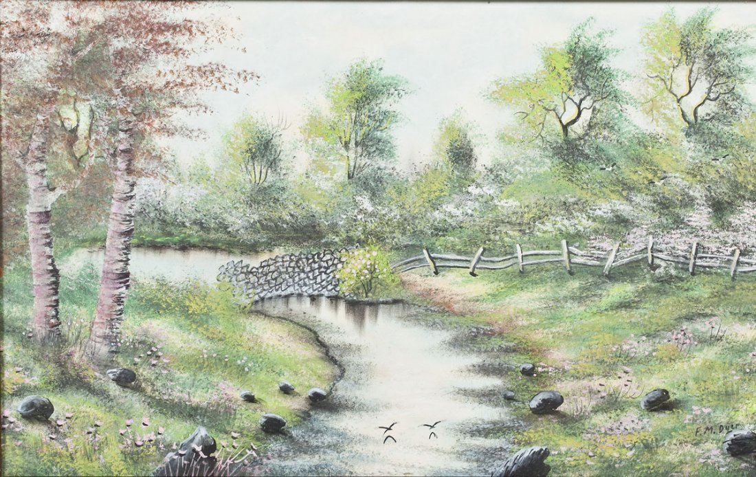 Francis Marion Dyer (20th Century): DESCRIPTION: Francis Marion Dyer (20th century). Watercolor on paper of a lush stream with a stone wall in the center. Signed in lower right "F.M. Dyer". In wooden frame. MEASUREMENTS: 21-1/2" x 13-3/