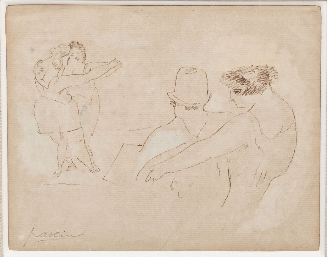 Jules Pascin (Bulgarian-American, 1885-1930): DESCRIPTION: Jules Pascin (Bulgarian-American, 1885-1930). Watercolor and chalk on laid paper. Titled "Les Lumieres de Paris, 1921". Signed Pascin lower left. With Perls Gallery label verso. Gilt fram