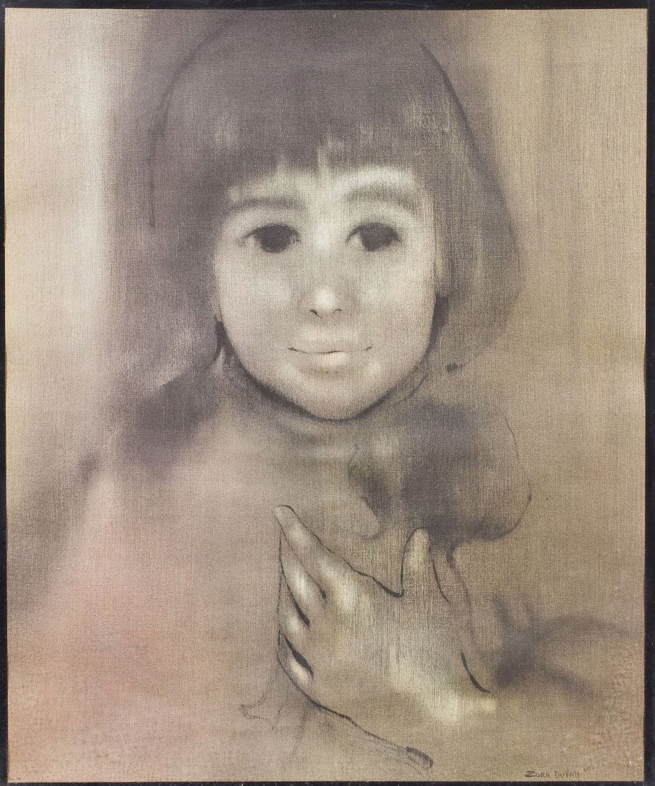 Zora Duvall (American, B. 1927): DESCRIPTION: Zora Duvall (American, B.1927). Oil on canvas. Light wash style painting of a young girl holding a doll. In wooden frame. Signed lower right "Zora Duvall". MEASUREMENTS: 22-3/4" x 18-3/4"