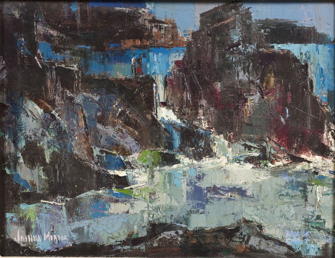 Joshua Meador (California/Missisippi, 1911-1965): DESCRIPTION: Joshua Meador (California/Mississippi, 1911-1965). Oil on canvas. Storm Waters. Depicts rocky shoreline. Signed to lower left "Joshua Meador". Signed verso in black "Joshua Meador 1351 St