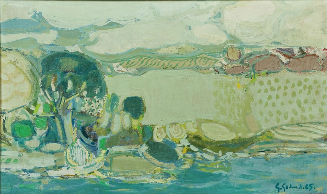 Gabriel Godard (French, B. 1933): DESCRIPTION: Gabriel Godard (French, B. 1933). Oil on canvas. Bord de Riviere. Depicts stylized landscape. Signed and dated in lower right corner "G. Godard '65". In gilt wooden frame. Godard was born