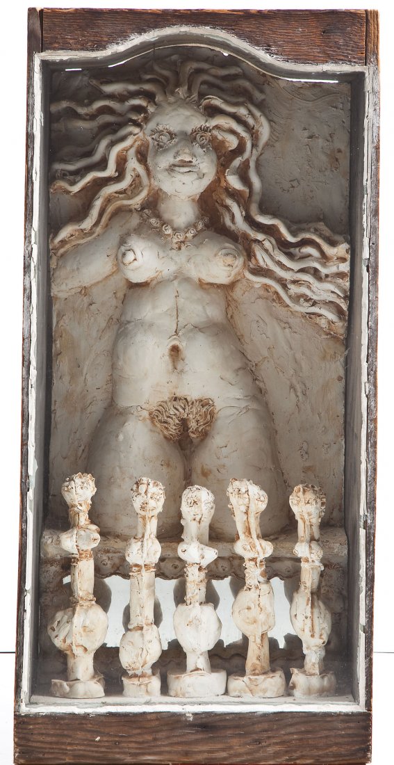 James Meyer (Pennsylvanian, B. 1941): DESCRIPTION: James Meyer (Pennsylvania, B. 1941). Plaster sculpture in wood case under glass. Depicts nude female with five smaller figures. James Meyer is a jeweler in Williamsport, Pennsylvania. PRO