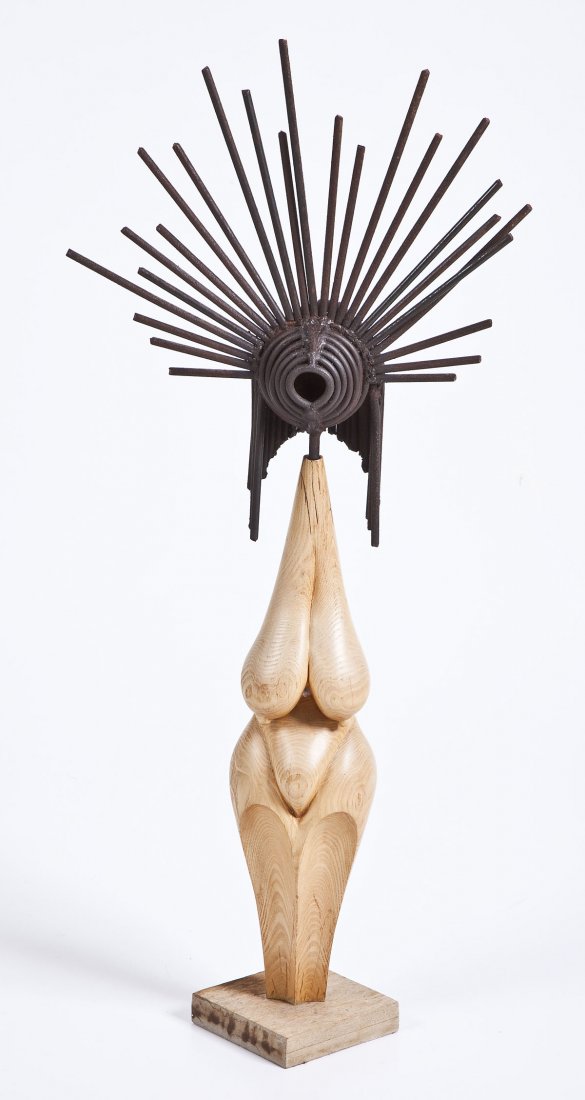 20th Century Brutalist Female Sculpture: DESCRIPTION: 20th century bruatlist female sculpture. Depicts wooden female with patinated iron hair atop attached wooden base. Unsigned. PROVENANCE: From the Saul and Florence Putterman Collection, S